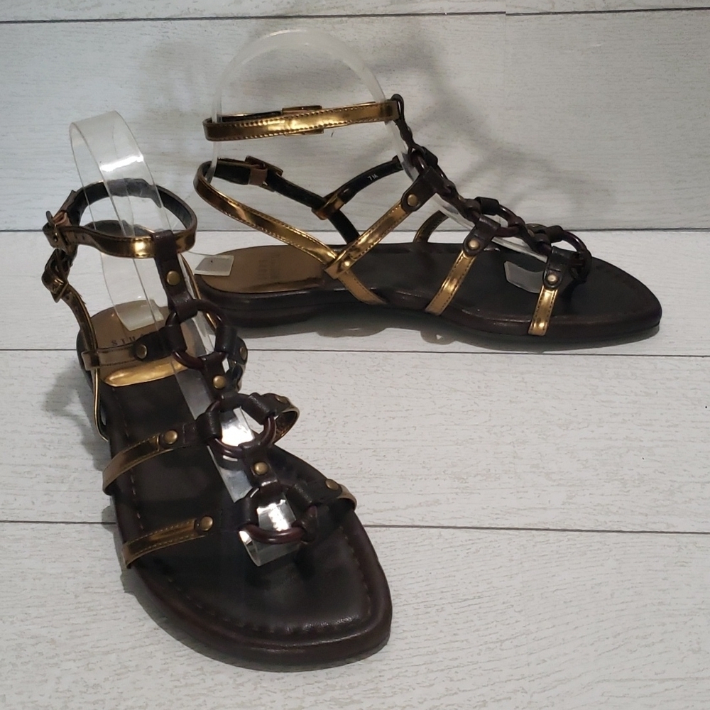 Stuart Weitzman Brown And Gold Ankle Strap Gladiator Sandals Size 7